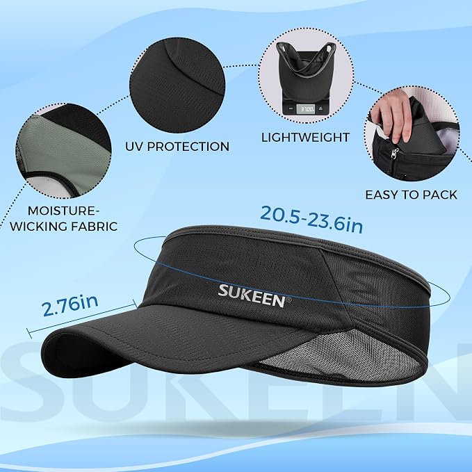 Sukeen Lightweight Sports Sun Visor Hat for Men Women | Packable, breathable, quick-dry, UPF50+ cooling visor hat, stretch fit, for running, tennis, golf, pickleball, softball