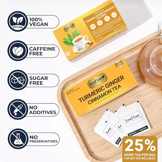 LeafLea Ginger Turmeric Tea Bags, Digestion & Immune Support, 160 Count | 100% Natural & Pure Herbal Tea Blend of Turmeric Ginger Tea with Cinnamon, Turmeric Tea, Caffeine-Free, No Sugar, Non-GMO