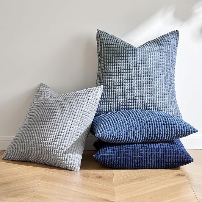MIULEE Decorative Euro Sham Pillow Covers 24x24 Inch Set of 4 Coastal Blue | Boho Western Farmhouse Home Decor, Throw Pillows, Summer Coastal Industrial Corduroy Pillowcases for Sofa Living Room Bed
