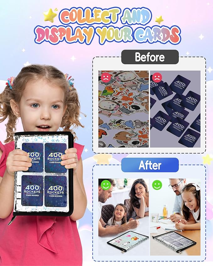 4 Pocket Card Binder with 20 Stickers, A5 Kpop Photocard Binder for 400 Cards, Trading Card Binder, Card Collection Binder, Cute Mini Card Binder for Gifts