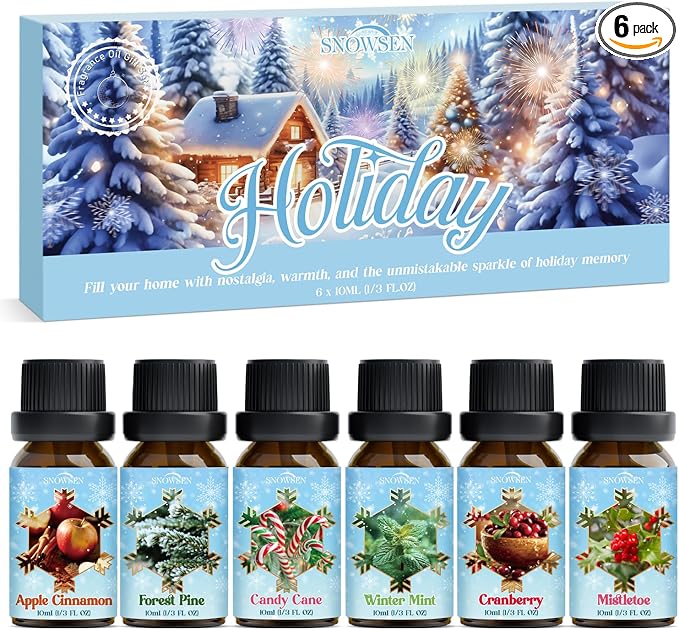 Holiday Fragrance Oil Set, Winter Essential Oils for Diffuser, Apple Cinnamon, Forest Pine, Candy Cane, Winter Mint, Cranberry, Mistletoe, Diffuser Oils Gift Set for Aromatherapy