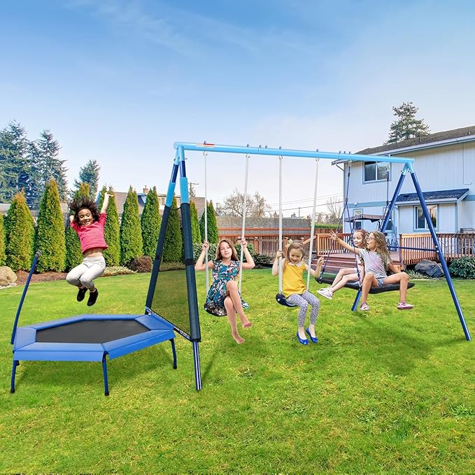 RoyaloveHeavy-Duty Metal Swing Set with 47" Trampoline, 2 Swing Seats & Platform Swings - Outdoor Playset for Kids and Adults, Backyard Playground Equipment
