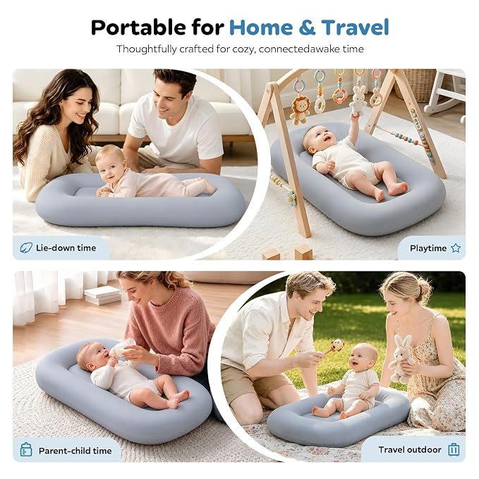 Baby Lounger for Newborns 0-24 Months, Soft Breathable Cotton Infant Support Cushion for Tummy Time & Play, Portable Infant Lounger, Baby Essentials - Navy Blue (Cover Included)
