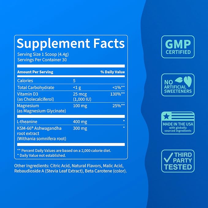 Nello Supercalm Powdered Drink Mix Tub, Cortisol Reducer* and Sleep Aid Supplement, L Theanine, Ksm-66 Ashwagandha, Magnesium Glycinate, Vitamin D 3, No Sugar, Non GMO, 30 Ct, Tropical Tangerine