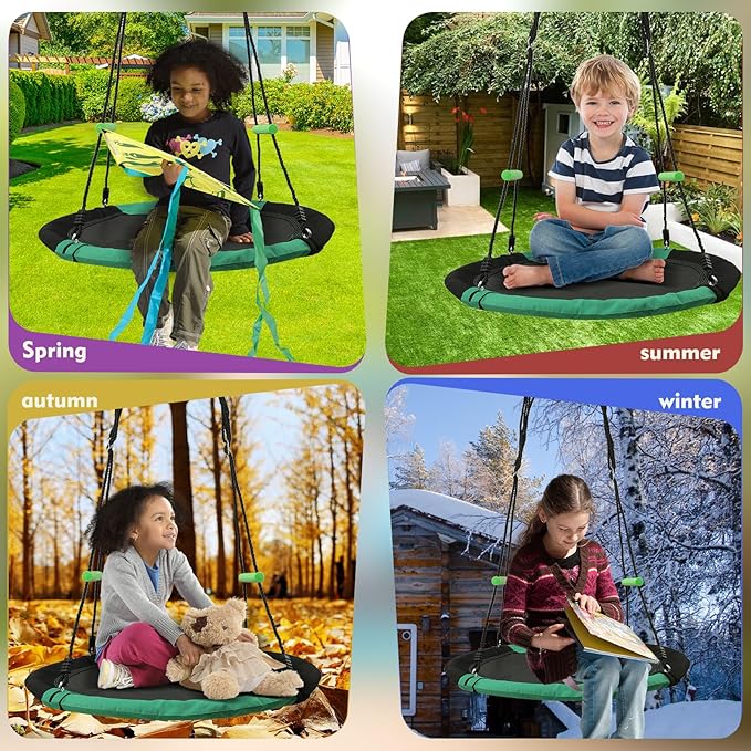 YSEJOMP 3.3FT Round Tree/Saucer Swing with Handles -Made of Sturdy Frame,PP Mat,Adjustable Multi-Strand Ropes,Safe and Durable for Yard Garden Playground Park (Black and Dark Green, 40 inches)