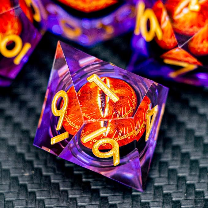 ARUOHHA DND Resin Dice Gazes Eye Dice Purple Gold Liquid Core Flaming RPG Sharp Edged Dice Set with Gift Box, Polyhedral D and D Dice Set Compatible with Dungeons Dragons Role Playing Game D20 D6
