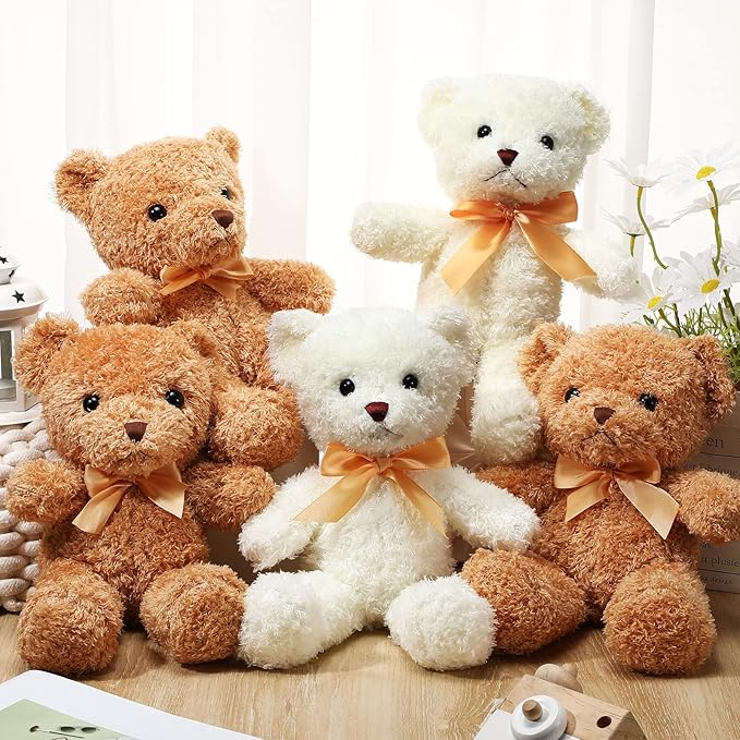 HyDren 5 Pcs Bears Stuffed Animal Soft Plush Toys Valentine 12 Inches Cute Small Shaggy Bear with Hoodie Bow Tie for Kids Boys Girls Baby Shower Birthday Party(Bow Tie Style,Light Brown, White)