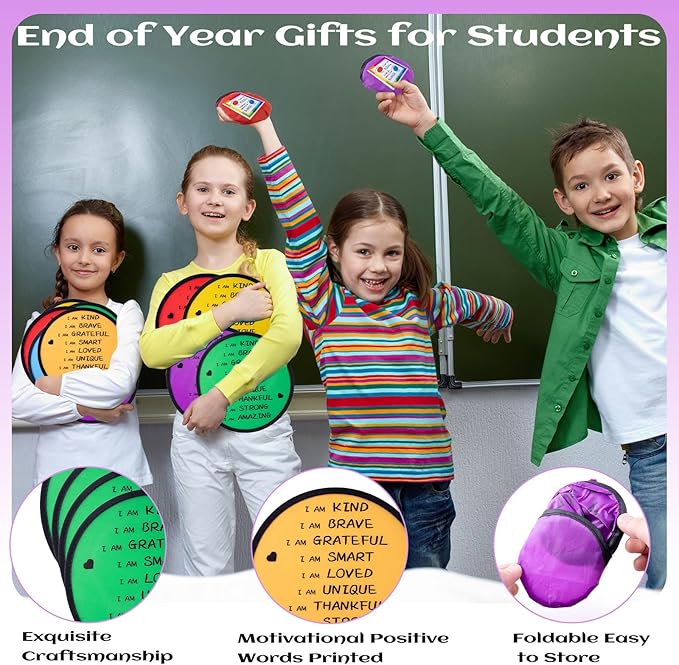 End of the Year Gifts for Students Bulk Foldable Flying Disc Fans Set with Stickers Bags, End of Year Student Gifts from Teacher Beach Fun Folding Pocket Hand Fans for Outdoor Activities Games