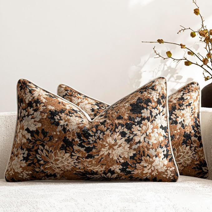 Pack of 2 Vintage Floral Pillow Covers 12x20 Boho Farmhouse Accents Chenille Rectangular Lumbar Decorative Throw Pillow Cases for Living Room Couch Bed Home Decor, Cognac