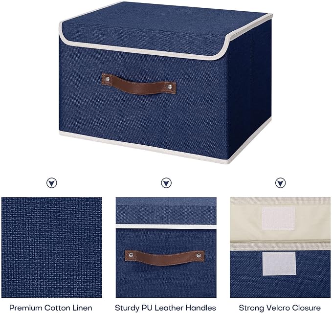ANMINY Fabric Storage Box Bins with Lids, Blue, 13"x9"x7.9", 2 Pack | Keepsake Memory Storage, Cotton Linen, PP Board Reinforced, Washable, PU Handles, Foldable & Stackable, Decorative, Medium