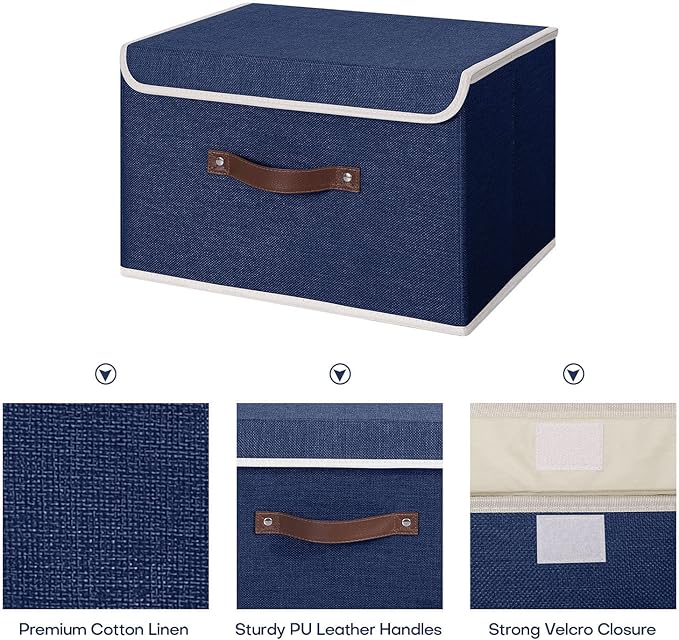 ANMINY Fabric Storage Box Bins with Lids, Blue, 15"x10"x10", 4 Pack | Keepsake Memory Storage, Cotton Linen, PP Board Reinforced, Washable, PU Handles, Foldable & Stackable, Decorative, Large