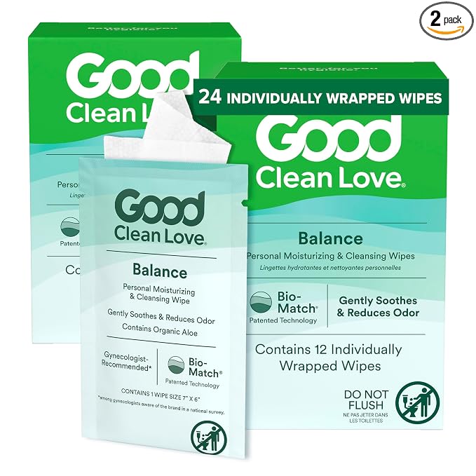 Good Clean Love Balance pH-Balanced Feminine Wipes, Supports Vaginal Health Naturally & Reduces Odor, Non-Irritating Moisturizing & Cleansing Hygiene Product Made with Organic Aloe, (24 Count)