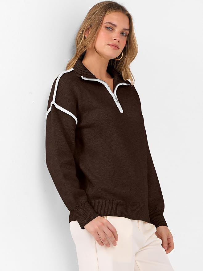 ANRABESS Womens Quarter Zip Sweaters Fall Long Sleeve V Neck Shirts Collared Business Casual Tops Knit Pullover Sweatshirts