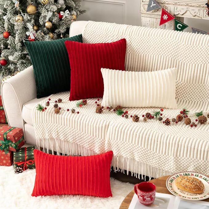 UGASA Pack of 2 Christmas Velvet Pillow Covers Striped, Soft Textured Throw Cushion Accent Corduroy Lumbar Hidden Zipper for Home Decor Indoor (12"x20", Burgundy)