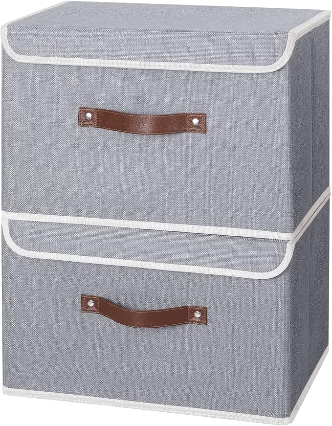 ANMINY Fabric Storage Box Bins with Lids, Gray, 15"x10"x10", 2 Pack | Keepsake Memory Storage, Cotton Linen, PP Board Reinforced, Washable, PU Handles, Foldable & Stackable, Decorative, Large