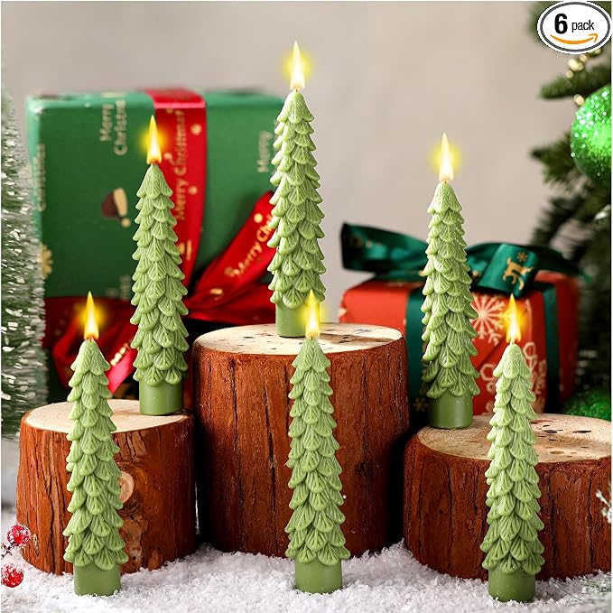 Conelist 6 Pcs Christmas Tree Candles Christmas Tree Shaped Taper Candles Decorative Xmas Wax Scented Candlesticks for Xmas Eve Winter Holiday Home Table Decoration Gift(Light Green,5 Inch Style)