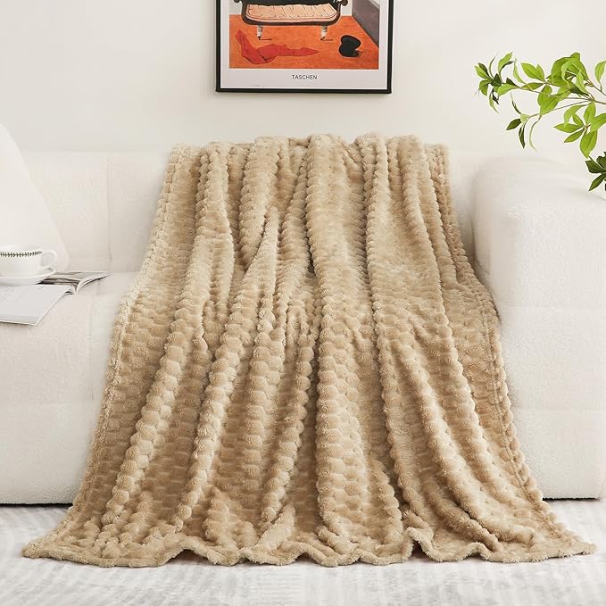 Puncuntex Beige Throw Blanket 50"×60" inches Fuzzy 3D Jacquard Decorative | Flannel Fleece Super Soft Plush Cozy Blanket for Couch Sofa Chair Lightweight,khaki