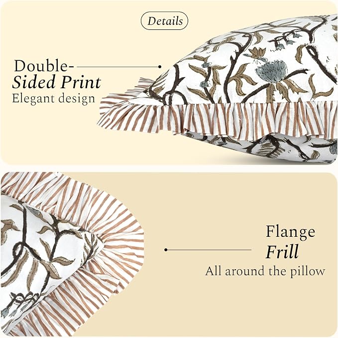 CPC Cocoa Vine Hand Block Print 100% Cotton Ruffle Throw Pillow Cover 20x20 inch with Hidden Zipper Decorative for Couch, Bed, Sofa, Farmhouse, Cottagecore Decor Gift Christmas Fall Thanksgiving