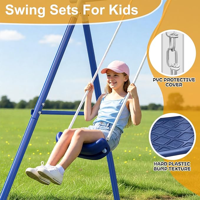 Heavy Duty Swing Set for Kids Ages 3-8 - 600 lbs Capacity Outdoor Metal A-Frame Playset, 3-in-1 Backyard Playground Equipment with 2 Blow Molded Belt Swings and 32" Saucer Swing
