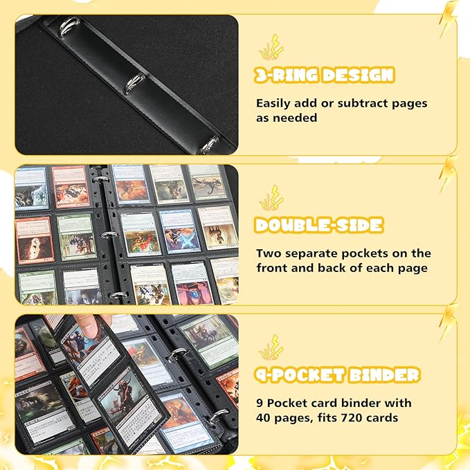 9 Pocket Card Binder for Pokemon Card, 720 Pockets Card Binder Holder with 40 Removable Sleeves, 3-Ring Zip Design Trading Card Albums for MTG/TCG/Sport Collectible Gifts for Boys and Girls (Black)