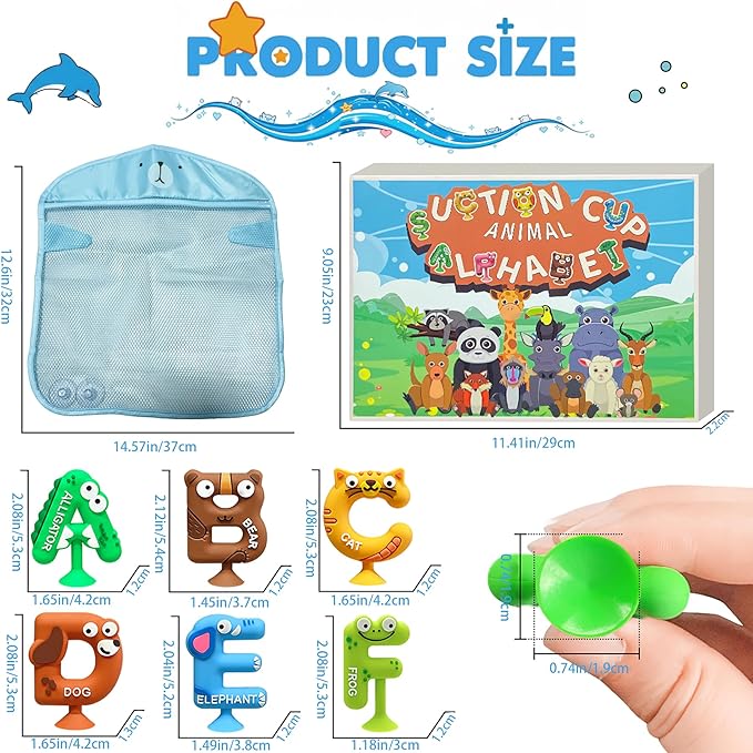 Mold Free Suction Bath Toys for Kids 26PCS, Bathtub Silicone ABC Alphabet Educational Montessori Sensory Toys for Baby/Toddlers, No Hole Animal & Letters Learning Toy with Storage Net for Autism/ADHD