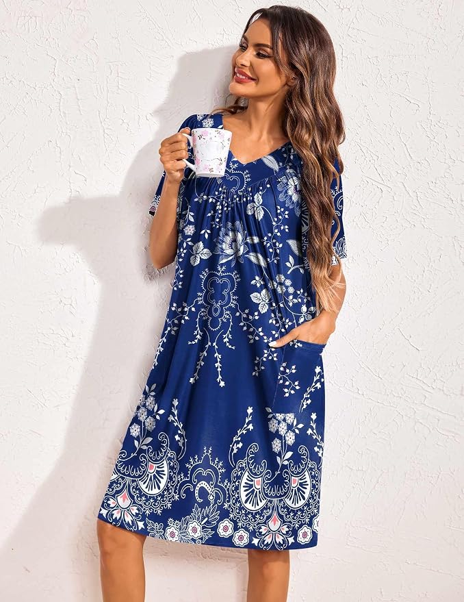 Ekouaer Womens House Dress Floral Print Nightgown with Pockets Mumu Dress