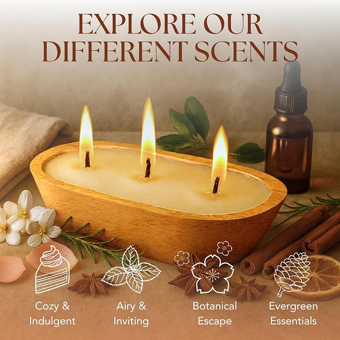 Dough Bowl Candle Co. Sea Salt and Orchid Soy Candle - 3 Wick Rustic Farmhouse Coffee Table Decor, Odor Eliminator in Wooden Bowls, 20 Oz Wooden Dough Bowl Candle, All-Natural Gifts for Women and Men