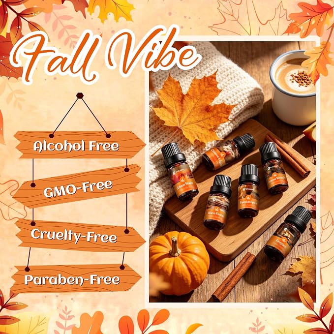 Fragrance Oil Autumn Set,Fall Essential Oils, Pumpkin Spice,Cinnamon & Apple,Fireplace, Autumn Wreath, Warm Flannel, Fall Scents for Diffuser, Candles Making Scent