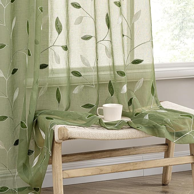 MIULEE Sage Green Sheer Curtains 2 Panels Embroidered Leaf Patterned Rod Pocket Floral Semi Sheer Faux Linen Window Curtains Drapes Set for Living Room Bedroom Dining Room, 52x63 Inches Length
