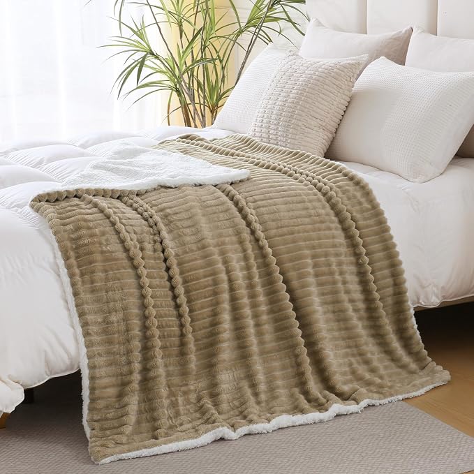 Tan Sherpa Fleece Throw Blanket 60”×80”for Couch Sofa Bed | Double Side Soft Fuzzy Cozy Plush Thick Flannel Blanket with Striped Design Gift for Adults,Woman