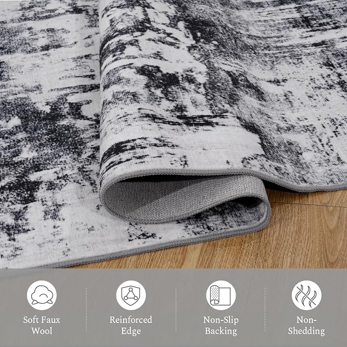Rugflix 3x5 Entrance Rugs, Washable Black Grey Dark Entry Small Rug | Machine Washable; Stain-Resistant; Low Pile; Non-Slip; Modern Abstract; Carpet for Entryway Kitchen Hallway Home