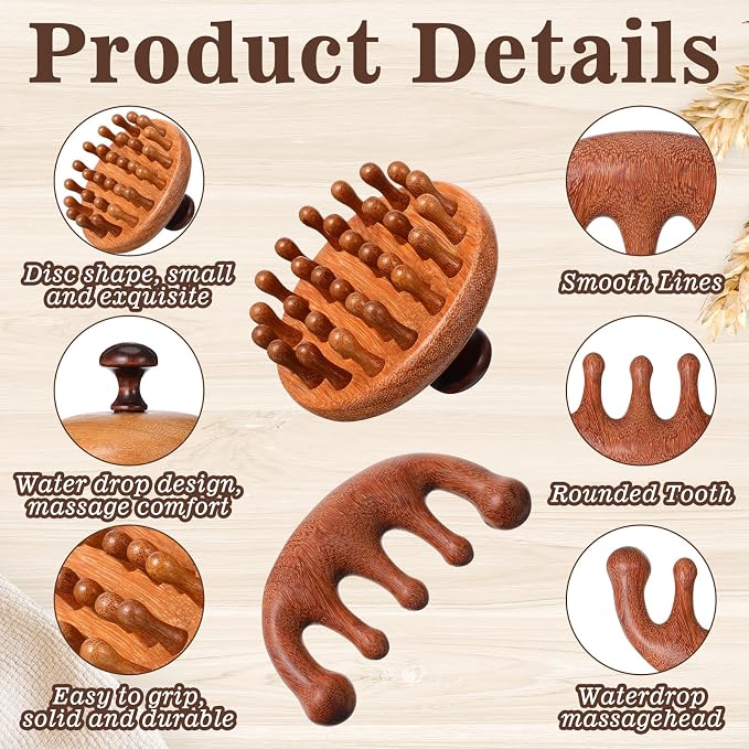 Trinkrittey 2 Pack Wooden Scalp Massager Comb Wooden Hair Brush Head Gua Sha Brush Hair Scrubber Portable Handheld Hairs Growth Tool for Women Men Hairs Growth Stress Relief Spa