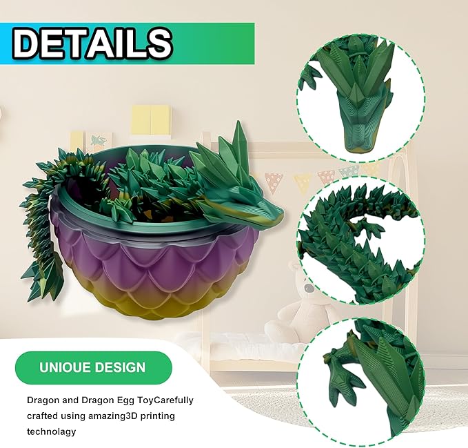 3D Printed Dragon Egg with Articulated Dragon Inside, Fidget Toys for Adults Stress Relief, Unique Home Office Desk Decor Crystal Easter Basket Stuffers (Random)