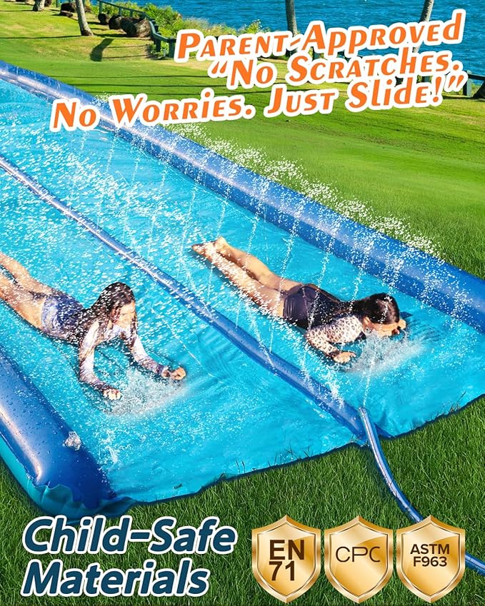 Slip and Water Slide for Kids and Adults Backyard,2 Lanes Extra Long Inflatable Slip and Water Slide with Sprinkler and Bodyboards,Heavy Duty Summer Outdoor Water Toy,Blue Shark Theme