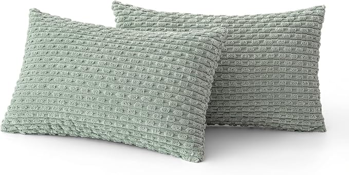 MIULEE Lumbar Decorative Throw Pillow Covers 12x20 Greyish Green Corduroy | Textured Striped Pack of 2 Striped Pillow Covers Modern Farmhouse Home Decor for Couch Bed Sofa Living Room