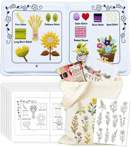 CIZULFY Beginner Embroidery Stitch Book Kit with Portable Canvas Bag, 30 Essential Stitches and Pre-Printed Floral Patterns, Complete Embroidery Kit for Beginner Adult with Tool and 4K Video Guide