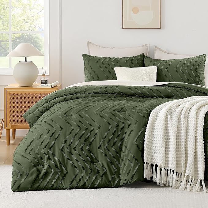 Andency Olive Green Oversized Super King Comforter Set 120x120, Extra Large King Size Comforter Oversize Boho Soft Warm Bedding Comforter Sets, 3 Pieces Aesthetic Chevron Textured Bedding Set