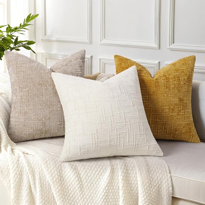 decorUhome Textured Chenille Throw Pillow Covers 18x18 Set of 2 Cream White | Fall Modern Farmhouse Soft Cozy Slubby Couch Pillow Cases Boho Decorative Pillow Cases for Bed Sofa Living Room Home Decor