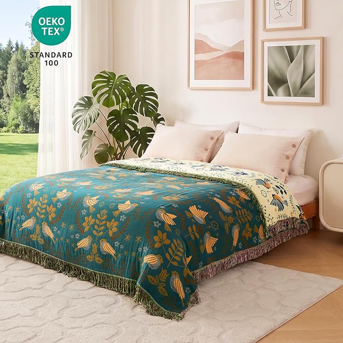 MSGKV Boho Throw Blanket 60"x80" 100% Cotton Bird Quilt for Bed & Couch | 100% Cotton Throw, Bird Quilt Design, Muslin Blanket, Summer Breathable, Farmhouse Decor, Lightweight, Machine Washable