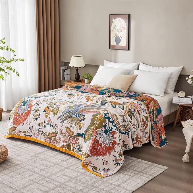 Boho Throw Blanket Farmhouse Decor Throw Blanket Bohemian Blanket for Bed 100% Cotton Muslin Woven Couch Blanket All Seasons Quilt Bedroom (J-Beige, 90"x98")
