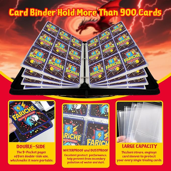 Trading Card Binder for TCG Cards, 9-Pocket Portable Card Collector Ablum Holder Book Fits 900 Cards with 50 Removable Sleeve, High Capacity Waterproof Card Binder Display Storage Carrying Cases