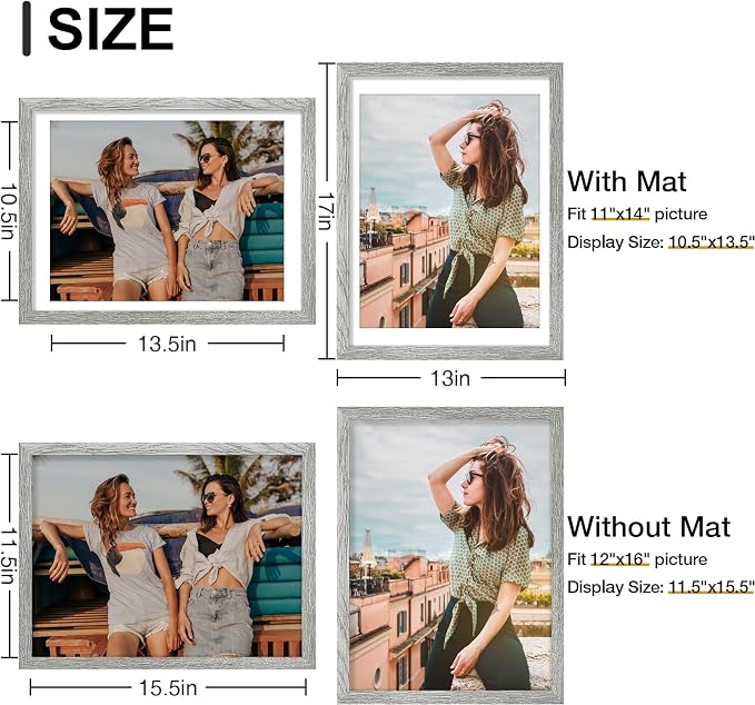 Vittanly 12x16 Picture Frames Set of 9 for Wall Mounting, Grey | Display Pictures 11x14 with Mat or 12x16 without Mat, Engineered Wood with Shatter Resistant Plexiglass, Gallery Photo Frames