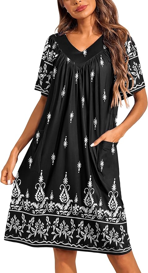 Ekouaer Womens House Dress Floral Print Nightgown with Pockets Mumu Dress