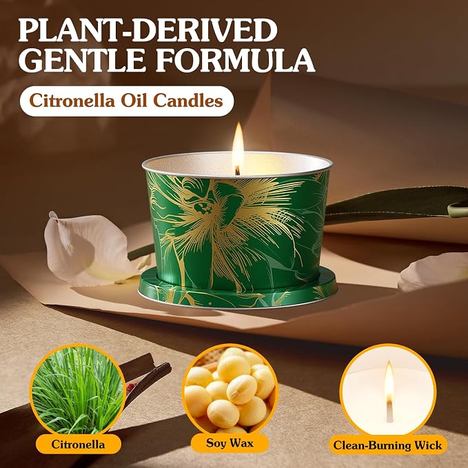 Citronella Candles Outdoor for Patio-3pcs Natural Soy Wax Portable Citronella Oil Candles in Decorative Tins, Long Lasting Summer Essentials for Camping, Backyard BBQ, Gardening & Outdoor Dining