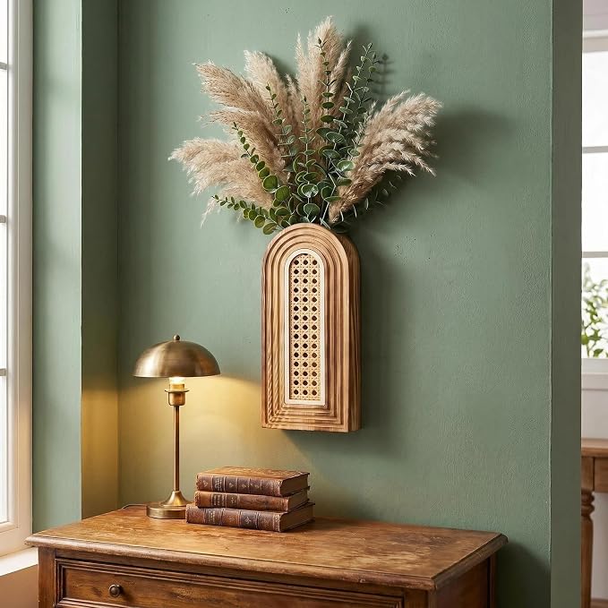 Dnnnii 2 Pack Wooden Wall Vase Set - Brown Finish Hollow Rattan Modern Farmhouse & Boho Wall Decor for Entryway, Hallway, Bathroom, Living Room, Dining Room, Narrow Spaces