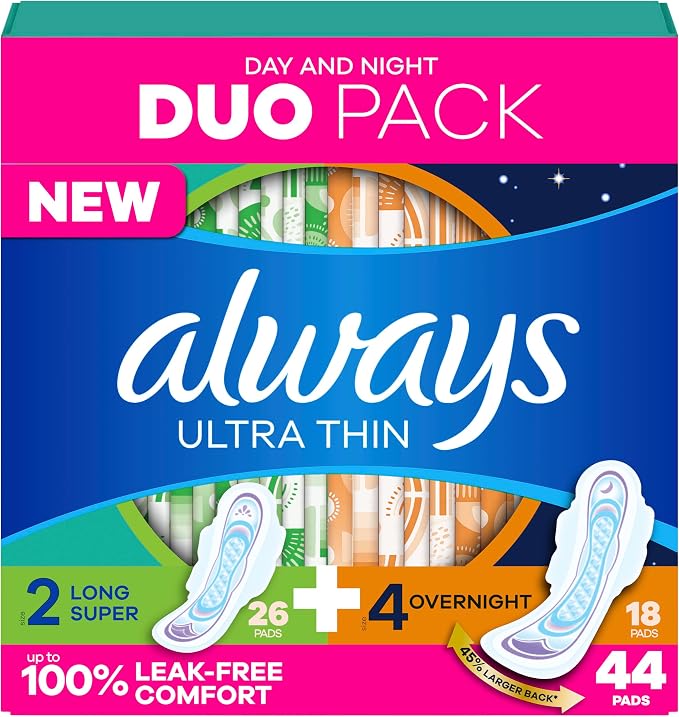 Always Ultra Thin Pads Duo Pack, Feminine Pads with Wings for Women, Size 2 Long Super and 4 Overnight Absorbency, Unscented, Up to 100% Leak-Free Protection, 44 CT
