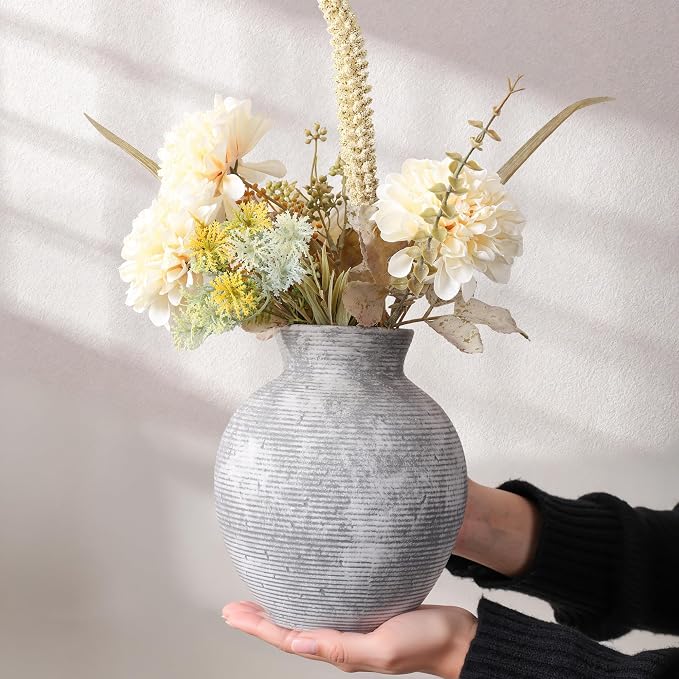 Ceramic Flower Vase Home Decor, 7.4 in Farmhouse Table Vases Retro Vintage Living Room Kitchen Bedroom Decoration Pottery Decorative Vases for Flowers House Shelf Office Desk Dining Entryway, Grey