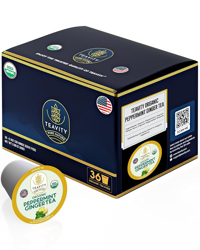 Organic Ginger Tea Pods for Keurig with Organic Peppermint Tea - Decaf Tea for K Cup Brewing Peppermint Ginger by Teavity (36 Tea Pods)