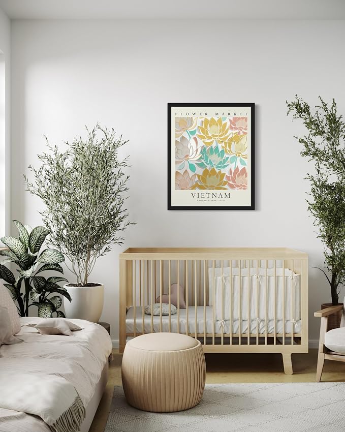Vietnam, Lotus Art Print Poster, Flower Market Wall Art, Floral Artwork Decor for Bedroom, Kitchen, Bathroom, Livingroom Decoration 52 (Vietnam, Lotus, 14"L x 11"W, Black Frame)