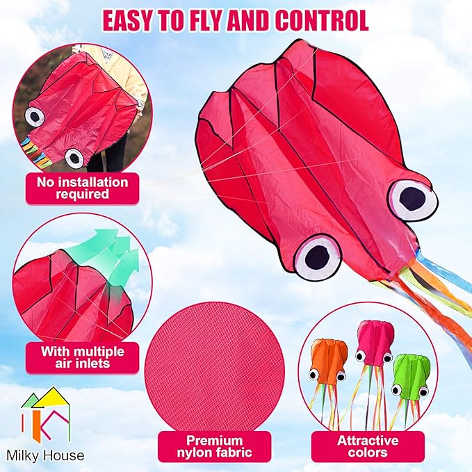 3 Pack Octopus Kite - 3D Beach Kites for People & Kids (Blue, Green, Red) - Easy to Fly, Kite Kit with 100M String